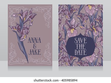 Beautiful floral wedding cards in art deco retro style with irises flowers, vector illustration