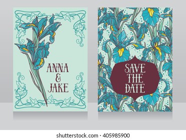 Beautiful floral wedding cards in art deco retro style with irises flowers, vector illustration