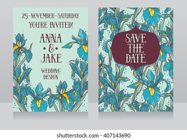 Beautiful floral wedding cards with irises flowers, vector illustration