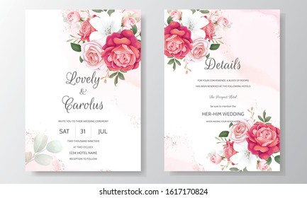 Beautiful Floral Wedding Invitation with Blooming Roses and Green Leaves