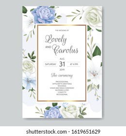 Beautiful Floral Wedding Invitation with Blooming Roses and Green Leaves
