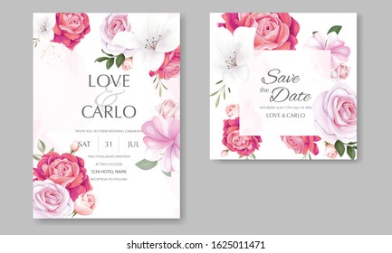 Beautiful Floral Wedding Invitation with Blooming Roses and Green Leaves	