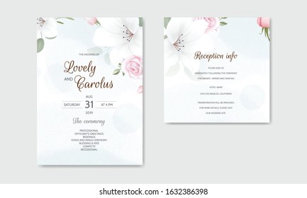 Beautiful Floral Wedding Invitation with Blooming Roses and Green Leaves