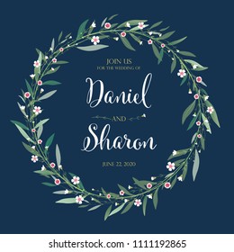 Beautiful floral wedding invitation card. Vector. Olive leaves, Wax flowers.