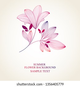 Beautiful floral wedding invitation card with lily  flowers. Gentle abstract floral background. Vector element for print, design.