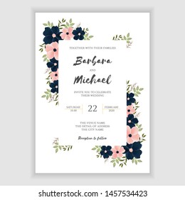 Beautiful floral wedding invitation card template with indigo navy and pink flower bouquet as decoration