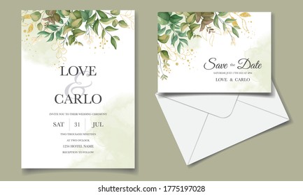 Beautiful floral wedding invitation card template set with golden leaves decoration