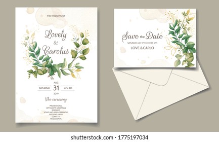 Beautiful floral wedding invitation card template set with golden leaves decoration