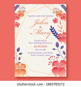 Beautiful Floral Wedding Invitation Card Design With Venue Details.