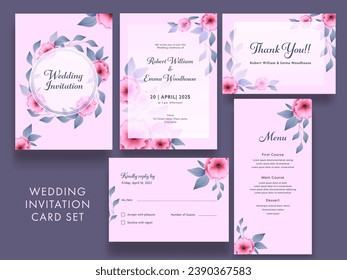 Beautiful Floral Wedding Invitation Card Set like as Save the Date, Menu, Thank You and RSVP Card in Pink Color.