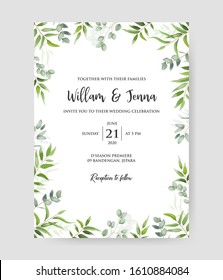 Beautiful floral Wedding Invitation with eucalyptus branches frame