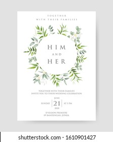 Beautiful floral Wedding Invitation with eucalyptus branches