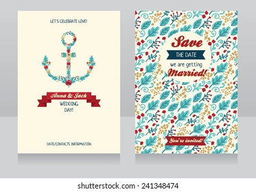 beautiful floral wedding invitation with flower formed anchor, vector illustration