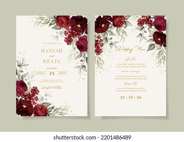 Hermosa invitación a boda floral y plantilla de menú con rosas rojas y hojas decoración