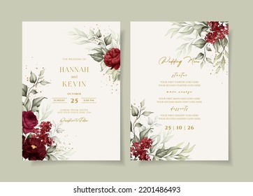 Beautiful floral wedding invitation and menu template set with red roses and leaves decoration