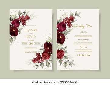 Beautiful floral wedding invitation and menu template set with red roses and leaves decoration