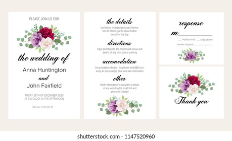 Beautiful floral wedding invitation set with dark red, purple and white roses. This wedding invitation template set includes four templates: invitation card, rsvp card, details and thank you card.