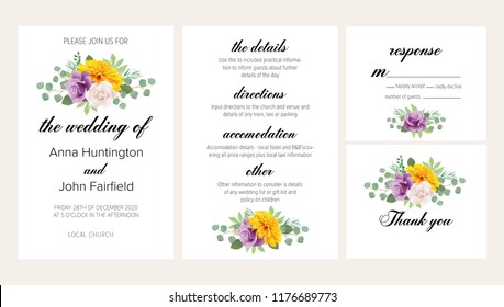 Beautiful floral wedding invitation set with yellow chrysanthemum and white peony. This wedding invitation template set includes four templates: invitation card, rsvp card, details and thank you card.