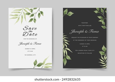 beautiful floral wedding invitation. a set of watercolor leaves wedding invitation card design