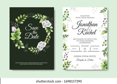 Beautiful floral wedding invitation template in green style