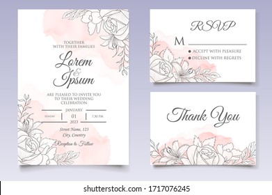 Beautiful floral wedding invitation template with hand drawn style