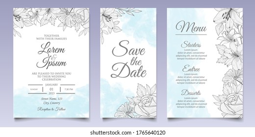 Beautiful floral wedding invitation template with lineart style