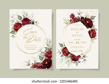 Beautiful floral wedding invitation template set with red roses and leaves decoration