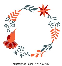 Beautiful Floral wreath with bird. Vector decorative round frame with stylised flowers and bird. Decoration in naive Scandinavian style.