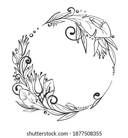 Beautiful floral wreath with curls. Floral frame. Herbal vector illustration for cards, wedding, birthday, congratulations. Hand drawn decor. Black and white outline