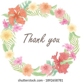 Beautiful floral wreath decorated with colorful watercolor hand drawn tropical flowers and leaves. Design for invitation, wedding, greeting cards.