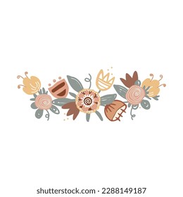Beautiful Floral wreath or frame element. Stylized doodle hand drawn flowers. Decoration in naive scandinavian style.