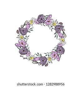 Beautiful floral wreath, great design for birthday celebrations, weddings, various holidays. Vector decorative spring flowers of daffodils, crocuses on a white background. Modern illustration.