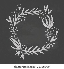 Beautiful floral wreath illustration on a blackboard background. Romantic concept background with flowers. Perfect for wedding invitation or greeting card.