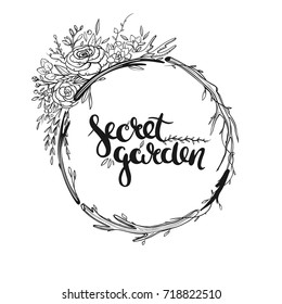 Beautiful floral wreath isolated on white. Bohemian wreath with flowers, leaves and herbs. Hand drawn vector illustration. 