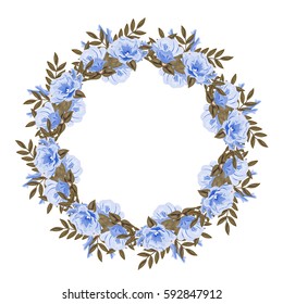 Beautiful floral wreath with lovely light blue flowers and fresh sprigs. Template for greeting cards, invitations, weddings, Valentine's Day, birthdays. Vector illustration drawn by hand.