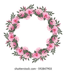 Beautiful floral wreath with lovely pink flowers and fresh sprigs. Template for greeting cards, invitations, weddings, Valentine's Day, birthdays. Vector illustration drawn by hand.