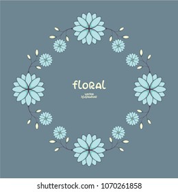 Beautiful floral wreath on blue background. Frame Vector illustration with place for your text. Template for seasonal decoration, wedding invitation and greeting card.