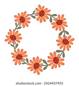 Beautiful floral wreath with orange flowers and green leaves. Elegant hand drawn round flower frame. Vector illustration for wedding invitation or greeting card design, eps 10