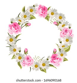 Beautiful floral wreath with roses and daisies. Vector illustration.