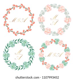Beautiful floral wreath with roses, succulents & eucalyptus leaves for wedding invitation
