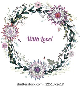 Beautiful floral wreath.  For Wedding, anniversary, birthday and party. Design for banner, poster, card, invitation and scrapbook. Vector handdrow illustration. 