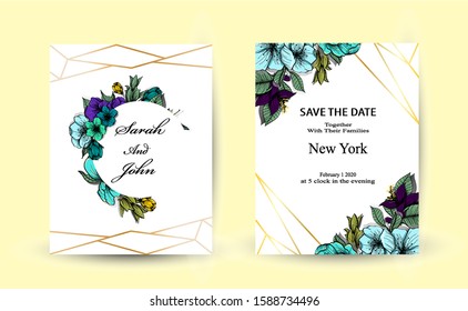 Beautiful floral wreath wedding invitation card template with blue rose, leaves. Wedding ornament concept. Vector decorative greeting card or invitation design on white background