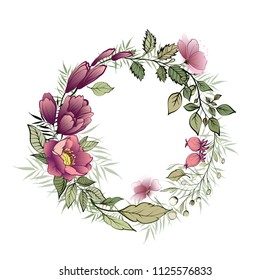 Beautiful floral wreath for your text. Wedding invitation. Vector watercolor illustration