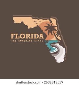 Ilustración vectorial hermosa del diseño del logotipo del mapa del estado de Florida con el tema de la playa en fondo oscuro
