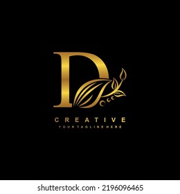 Beautiful Flourish Gold Letter D Logo Design. Initial Letter D. Monogram, Typography D. D Luxurious Logo With Floral And Leaf Ornament. Useful For Company Logo, Business, Boutique, Wedding, Brand, Etc