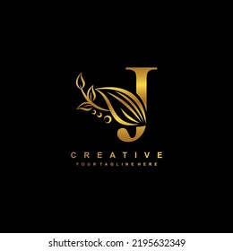 beautiful flourish gold letter J logo design. initial letter J. monogram, typography J. J luxurious logo with floral ornament. useful for company logo, business, boutique, wedding, brand, etc