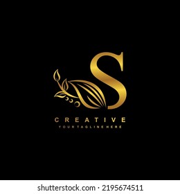 beautiful flourish gold letter S logo design. initial letter S. monogram, typography S. S luxurious logo with floral and leaf ornament. useful for company logo, business, boutique, wedding, brand, etc