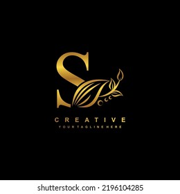 beautiful flourish gold letter S logo design. initial letter S. monogram, typography S. S luxurious logo with floral and leaf ornament. useful for company logo, business, boutique, wedding, brand, etc