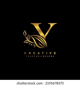 Beautiful Flourish Gold Letter Y Logo Design. Initial Letter Y. Monogram, Typography Y. Y Luxurious Logo With Floral Ornament. Useful For Company Logo, Business, Boutique, Wedding, Brand, Etc