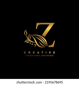 Beautiful Flourish Gold Letter Z Logo Design. Initial Letter Z. Monogram, Typography Z. Z Luxurious Logo With Floral Ornament. Useful For Company Logo, Business, Boutique, Wedding, Brand, Etc